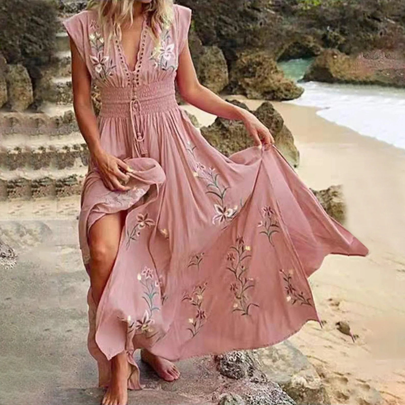 Bohemian beach dress womens pleated V-neck floral retro high waisted A-line long sleeved lace jacquard Maxi Sundress 250213