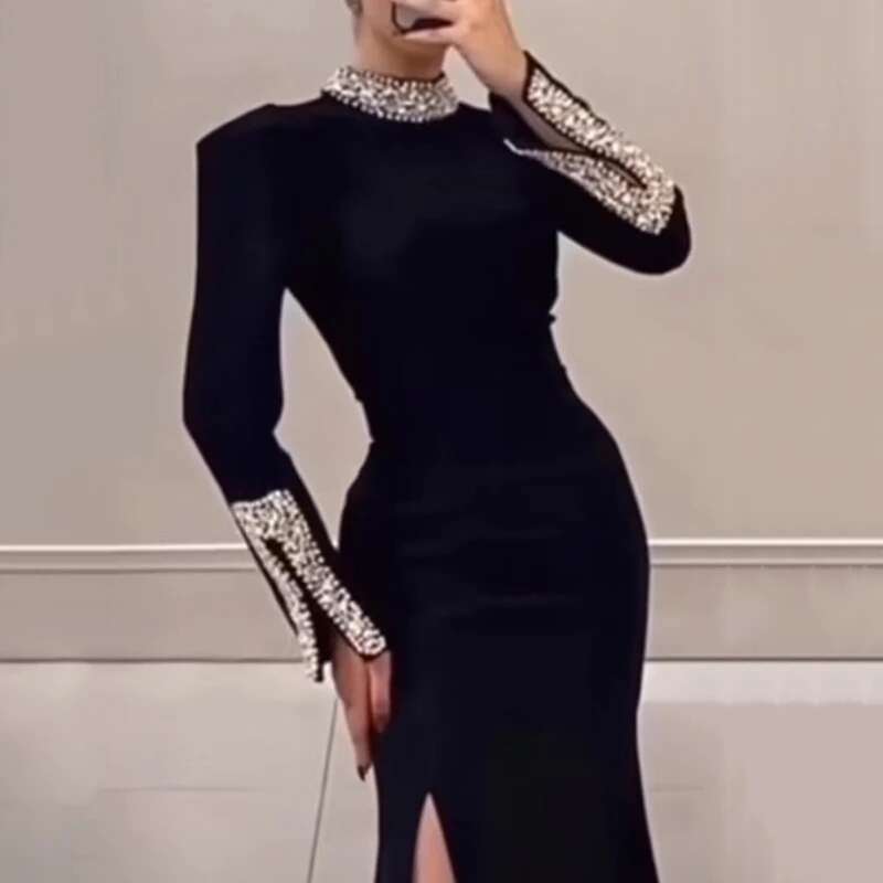 Women's Spring Long Sleeved Slim Banquet Casual Rhie Patchwork Dresses Elegant Half High Neck Waist Wrap Hip Dress