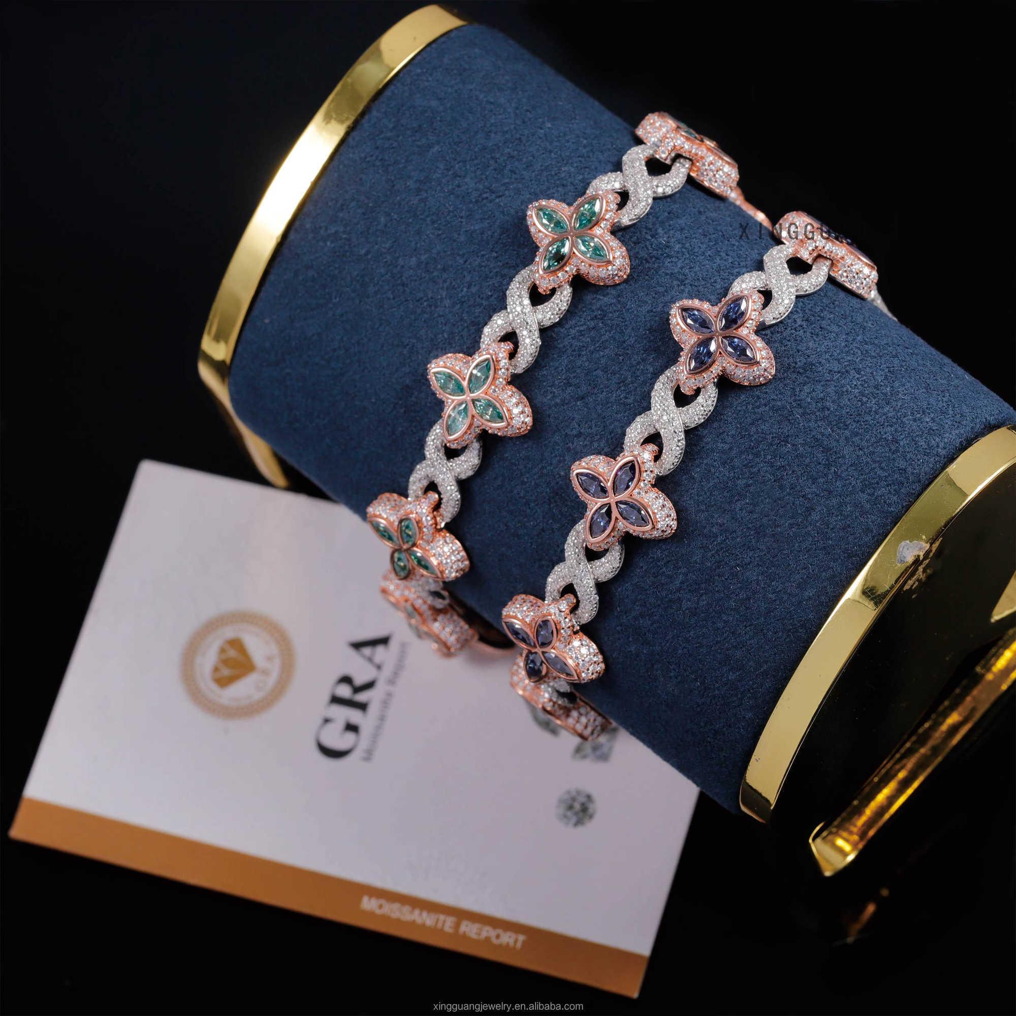 Hot Selling 12MM 925 Sterling Silver Cuban Clover Bracelets Iced Out Hip Hop Infinity Colored Moissanite Cuban Bracelet