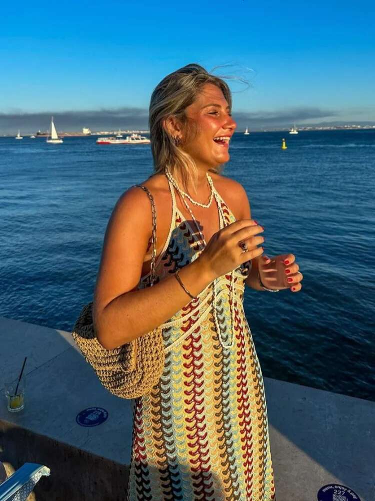 Sexy Crochet V Neck Halter Midi Women Fashion Sleeveless Backless Slim Knitted Dress 2025 New Summer Lady Highstreet Robe