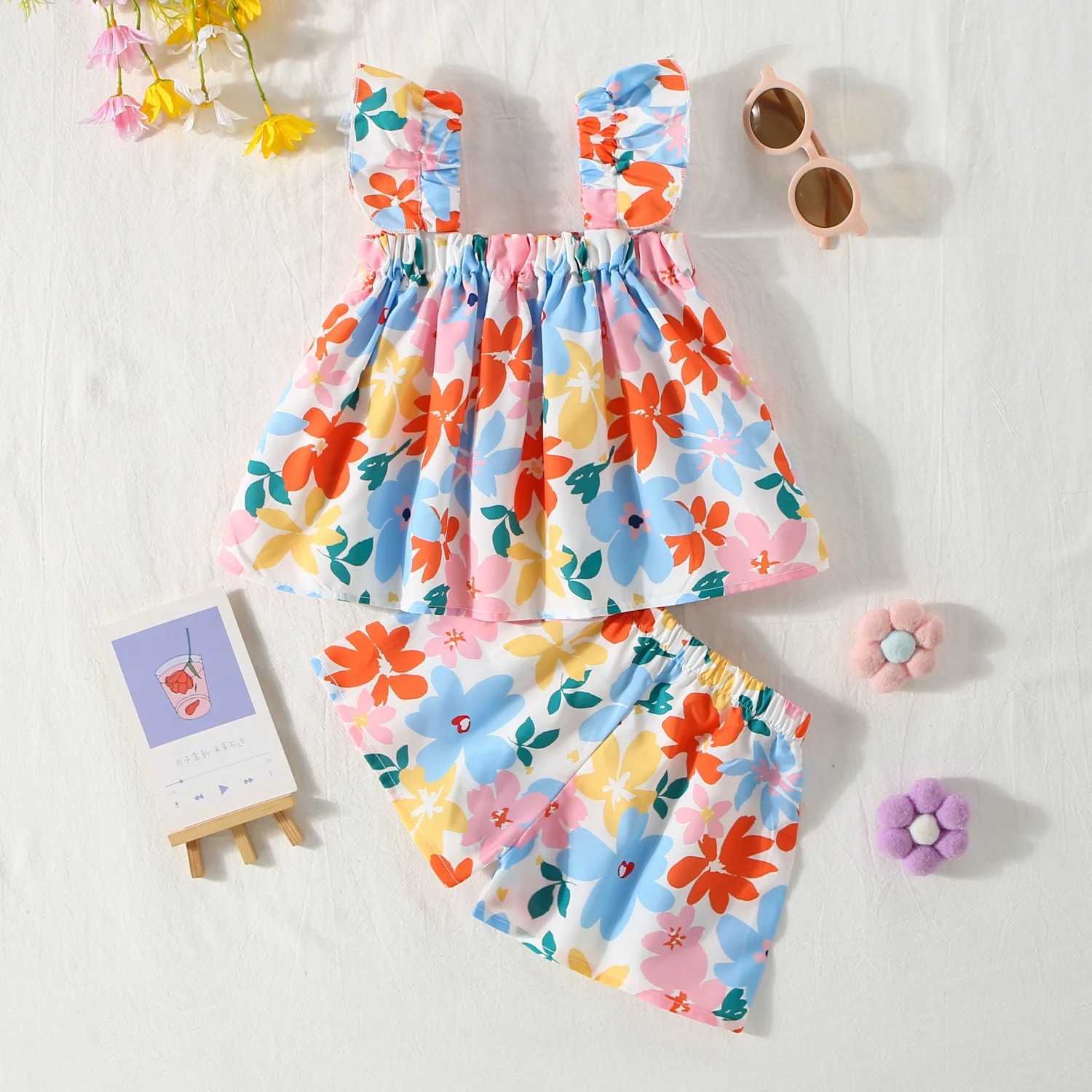 2 Pieces Set Summer Baby Girl Clothes Set Colorful Flower Printed Top with Shorts Baby Girl Korean Outfit W250218