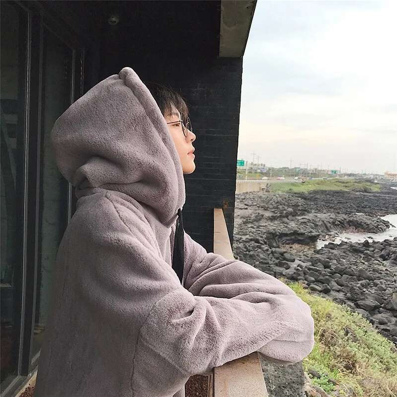 Plus Veet Hoodies Women Hooded Thicker Furry Cozy Korean Fashion Couples Simple Winter Warm Coats Loose Outwear Slouchy Ins