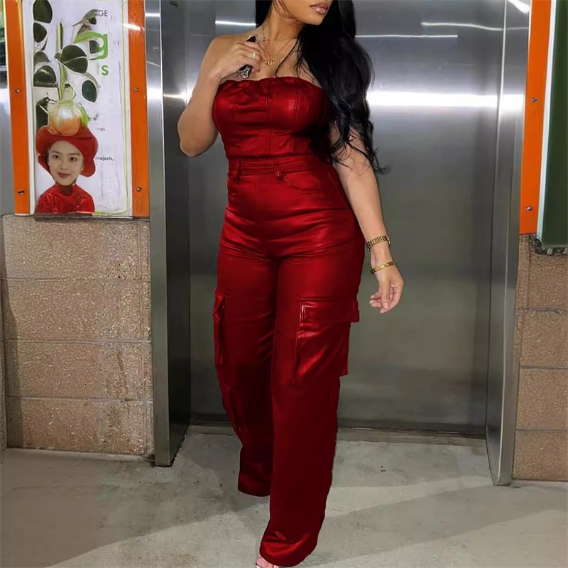 New Womens Jumpsuits 2025 Slim Sexy Off Shoulder Bra Tight Waist Wrapped Pu Leather Bodysuit 6 Colors