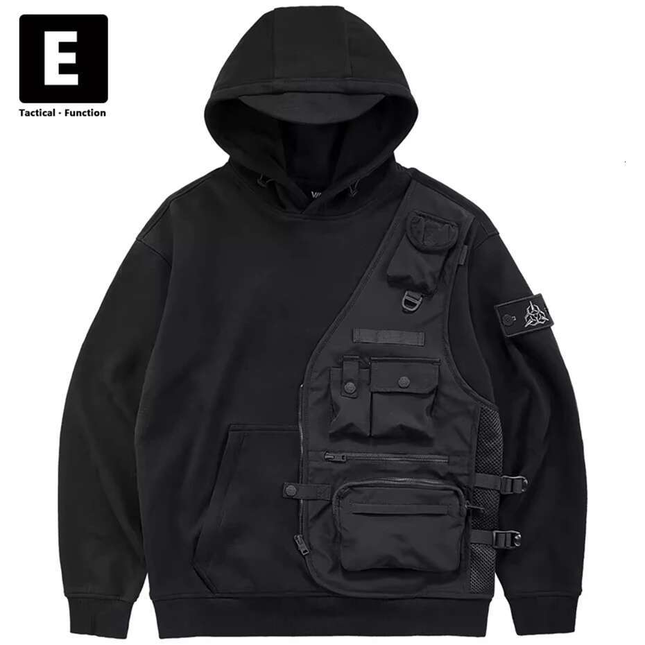 Black Techwear Men Streetwear Patchwork Cargo Hoodies Spring Autumn Pullover Male Function Design Hooded Sweatshirt