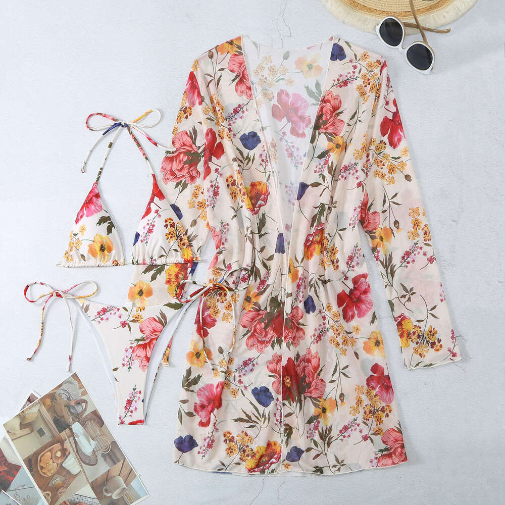 5 Colors European and American Printed Mesh Three piece Cover Shirt Bikini Swimsuit 2025 New Casual Versatile Fashion Clothing