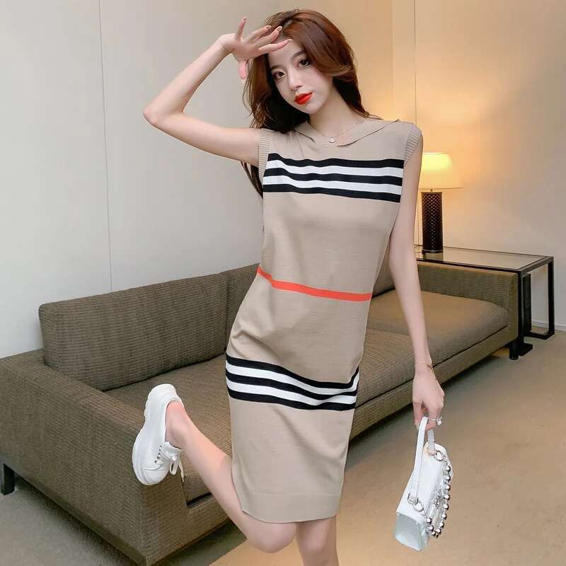 Spring Summer Hooded Striped Knitted Dress Women Hong Kong Style Sweet Loose Midi Dresses