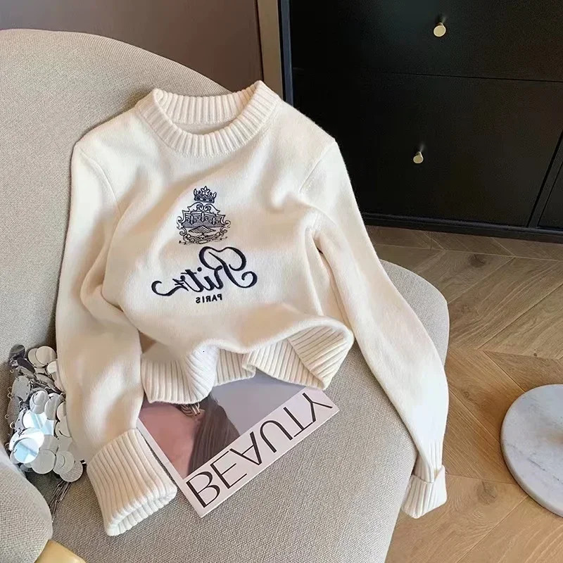 Autumn female Letters Embroidery Round Neck Pullover Sweater women Winter Cashmere Knitwear Jumper Casual White Knitwear Tops 250217