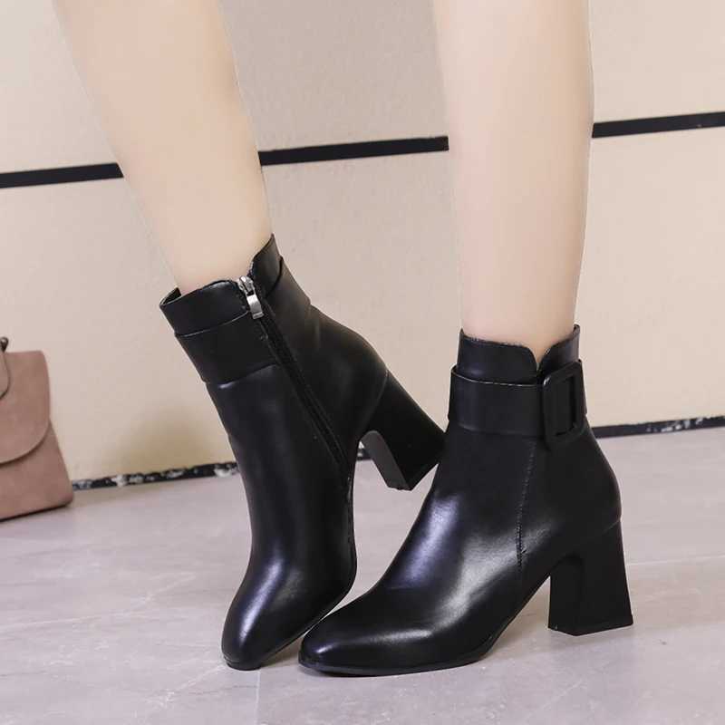 White Black Thick High Heel Ankle Boots Women 2020 Pointed Toe Keep Warm Elegant Short Booties Ladies Ankle Buckle DecoratiXJ250217