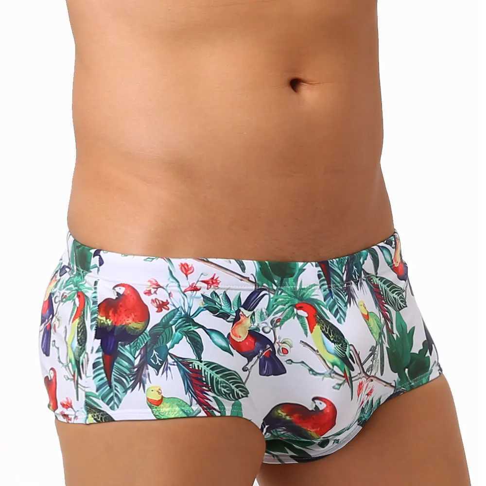Fashion Parrot Pattern Men Swimwear Brazilian Traditional Cut Swimsuits Swimming Trunks Surf Boxer Briefs Board Shorts Save M250218