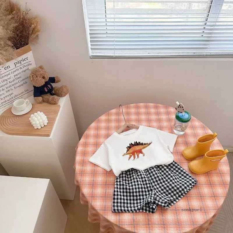 Baby clothing set for newborn boys casual dinosaur print short sleeved T-shirt+checkered shorts preschool girls summer childrens clothing set W250218