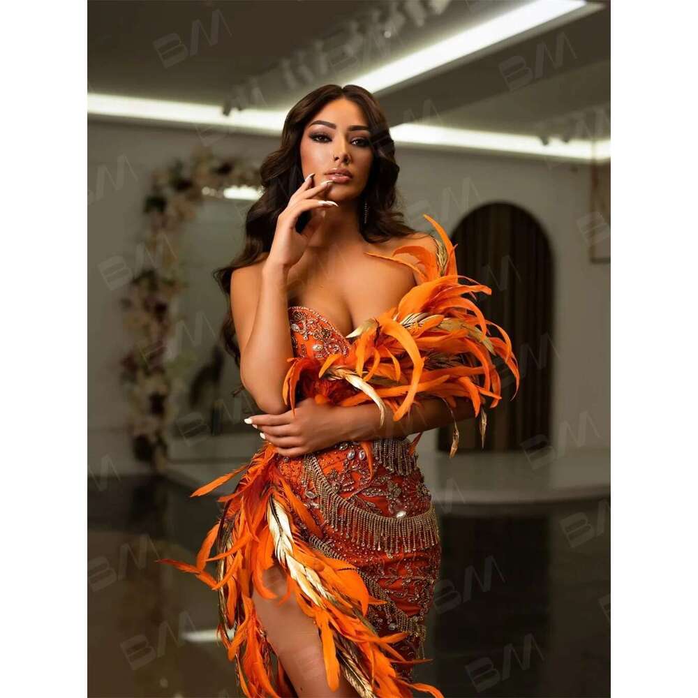 Tassel Pearls Evening Dress Strapless Sexy Slit Prom Dresses Feathers Beaded Embroidery Party Gown Vestidos De Gala es