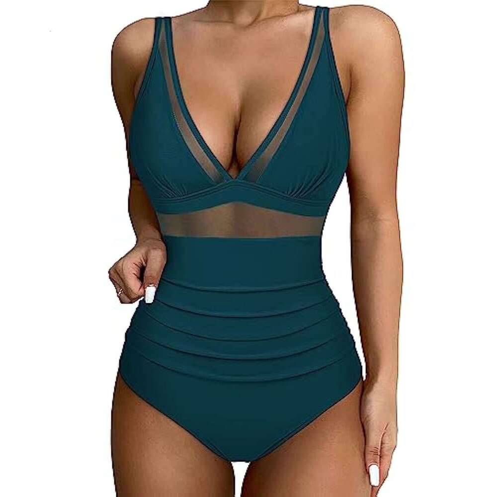 European and American popular one-piece swimsuit, y hollow mesh deep v gathering perspective bikini 2025 new casual versatile fashion clothing