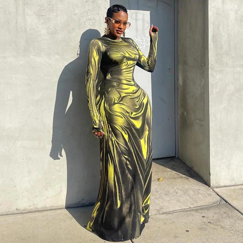 Casual Dresses Fashion 3D Pleated Print Maxi Dress Women Autumn O Neck Long Sleeve Party Club Elegant Female High Street Robe Green