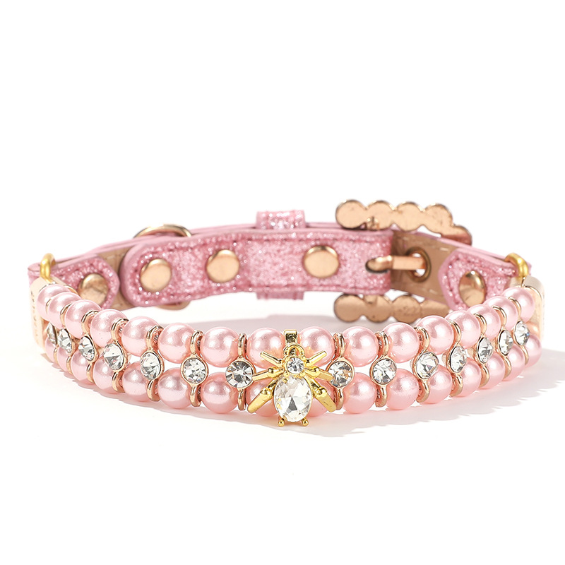 Luxury Pearl Dog Collar with Rhinestone Gold Beetle Accessories, Shiny Leather Dog Collar for Female Puppy Kitten Small Medium Dogs Birthday Gift and 