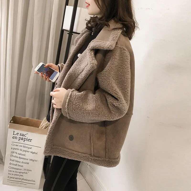 Lamb-Wool Spliced Single-Breasted Lapel Jacket, Autumn And Winter New Korean Version Of Loose Long-Sleeved Jacket Tide Women