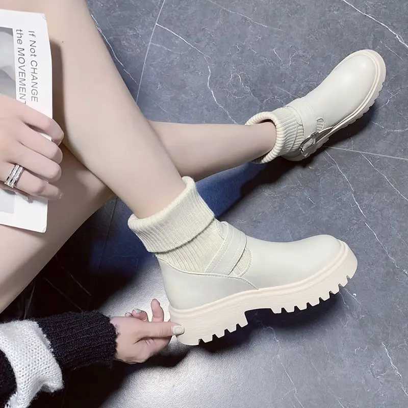Short Shoes for Women Chunky Mary Janes Footwear White Booties Lolita Sock Female Ankle Boots Platform Elastic Trend 2024 New InXJ250217