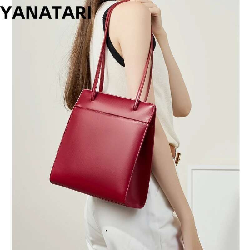 YANATARI Genuine Leather Large Shoulder Tote Bag Ladies Minimalism Red 2024 Large Capacity Handbag Woman