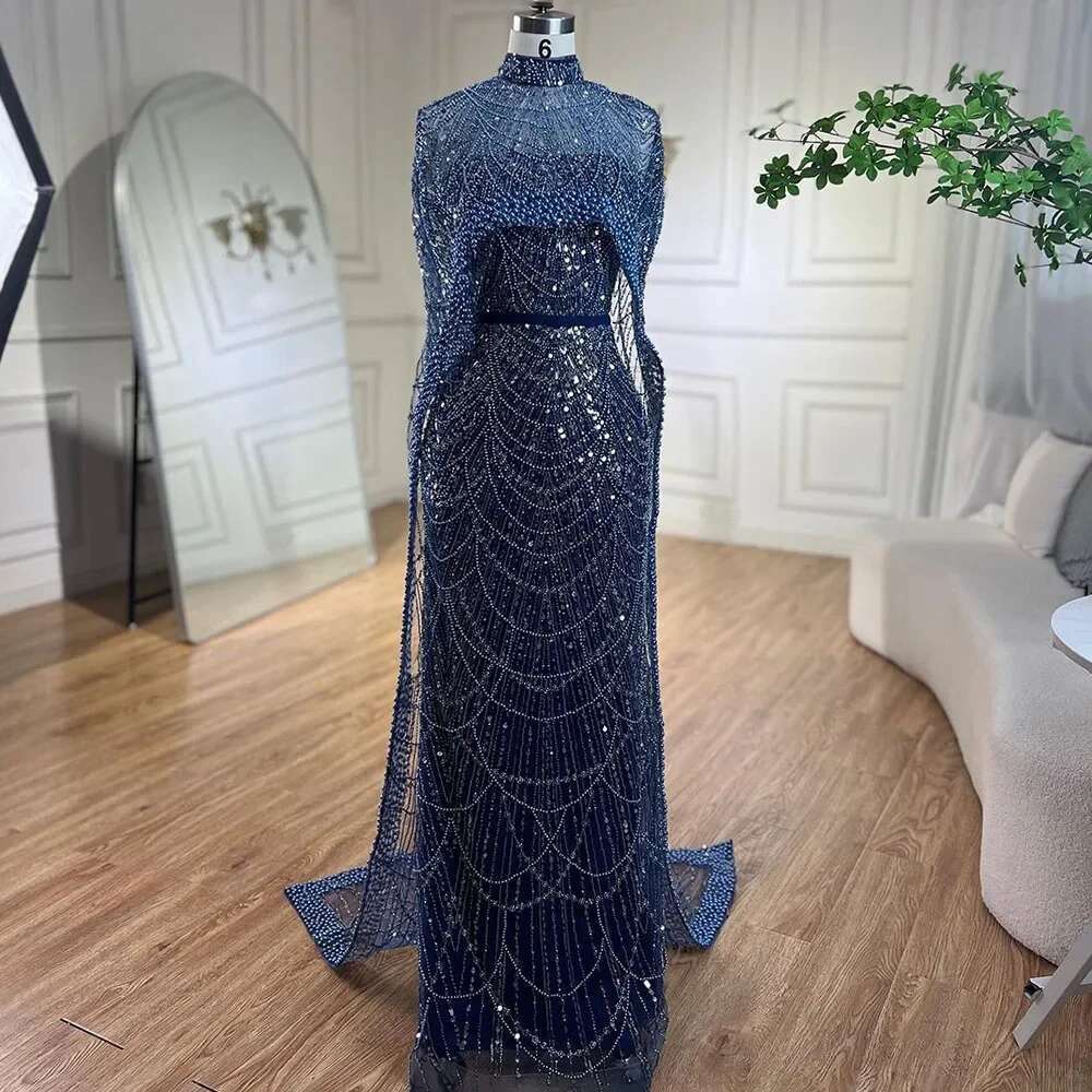 Nude Dubai Mermaid Elegant Long Cape Sleeves Arabia Beaded Evening Dresses Gown Customize Party LA