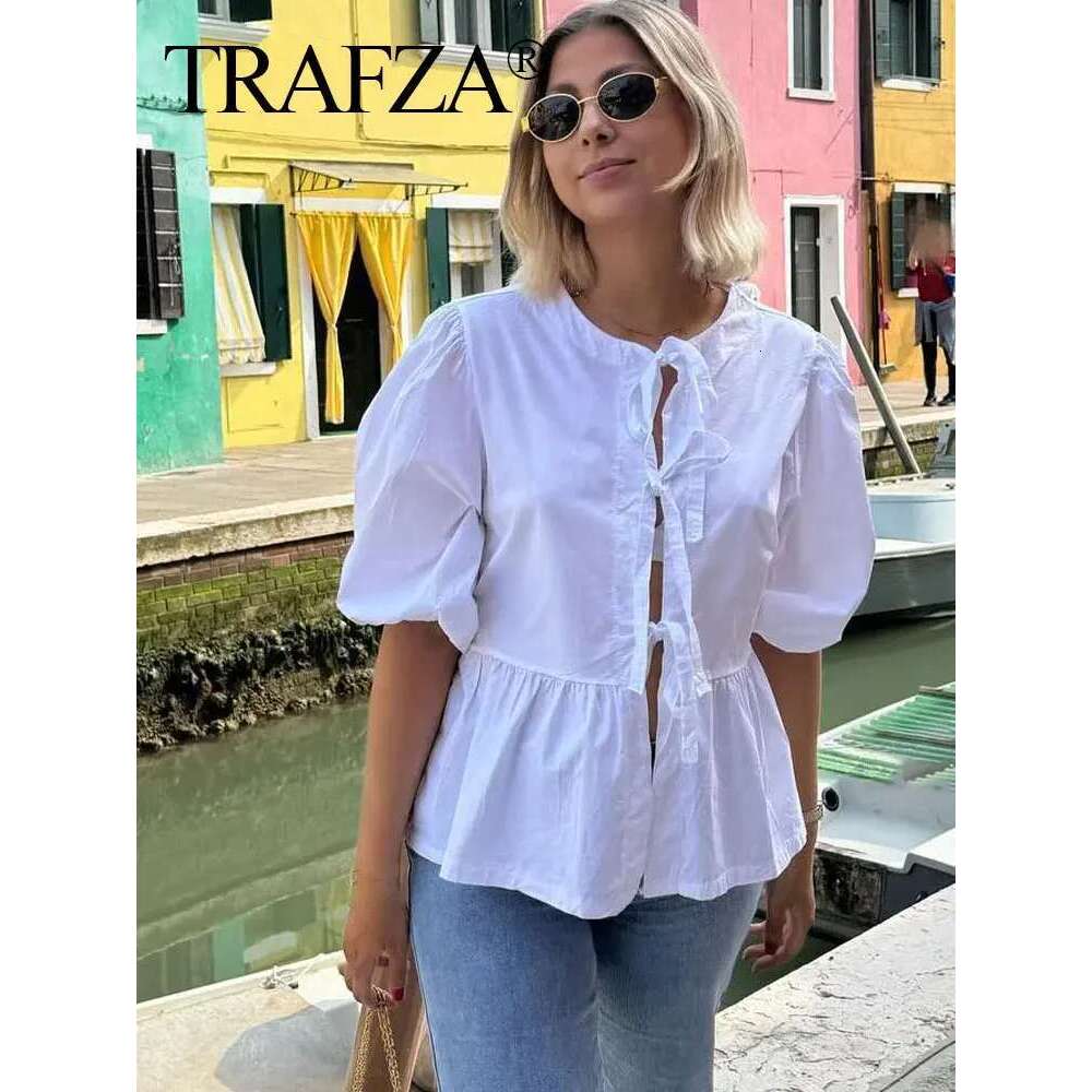 TRAFZA Women Causal O Neck Short Puff Sleeve Shirt Sweet White Bow Lace Up Tops 2024 New Fashion Chic Female Streetwear Blouse
