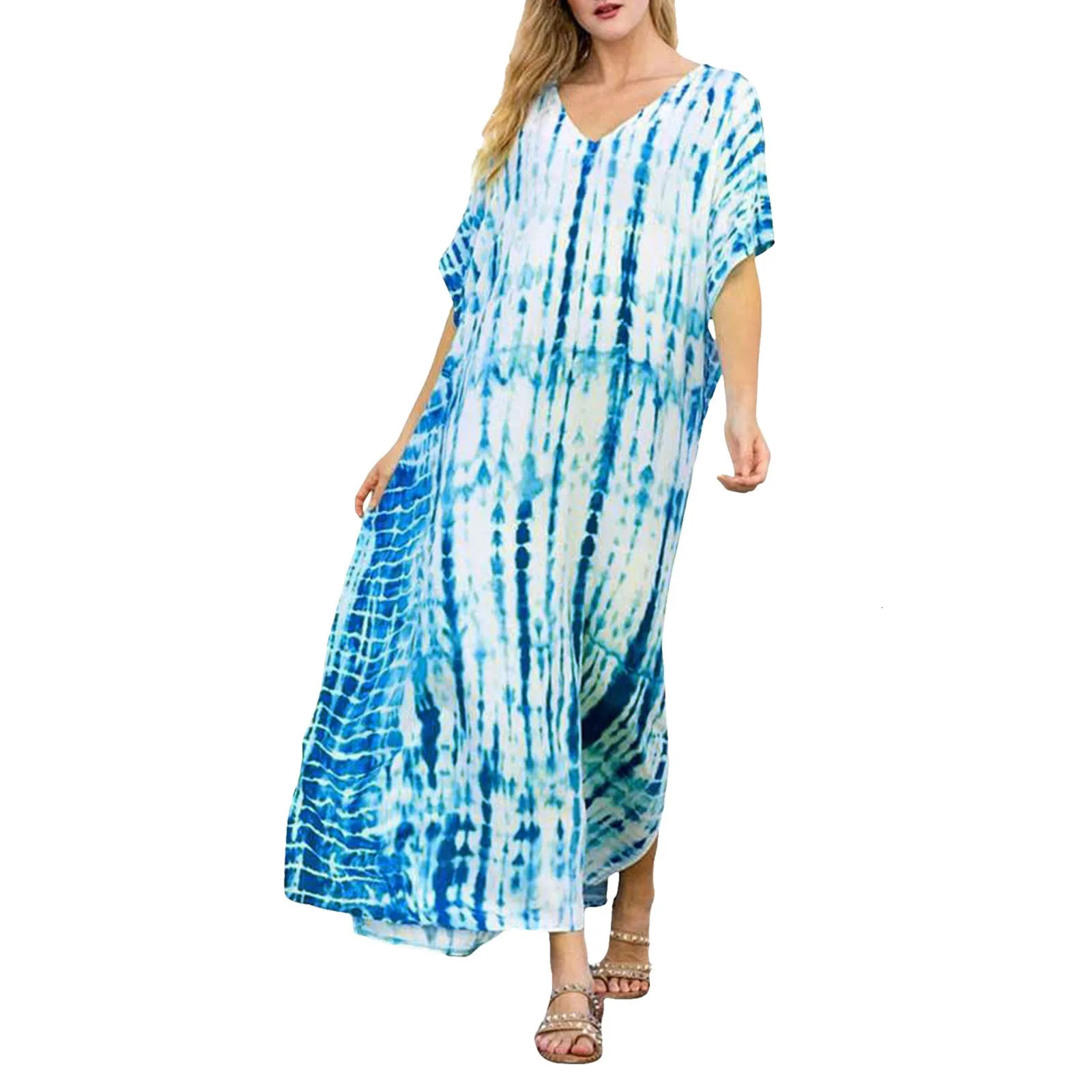 Bohemian Maxi Dresses Summer Kaftan Loose Fit Dress V-Neck Batwing Sleeve Loose Dress For Women Beach Cover Up Dresses 250213