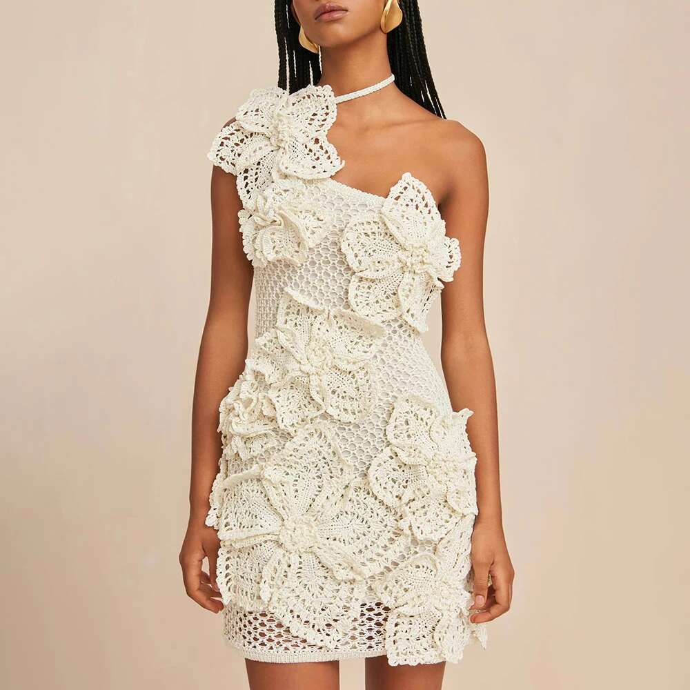 TWOTWINSTYLE Solid Hollow Out Designer Dresses For Women Halter Sleeveless Backless High Waist Spliced Appliques Dress Female