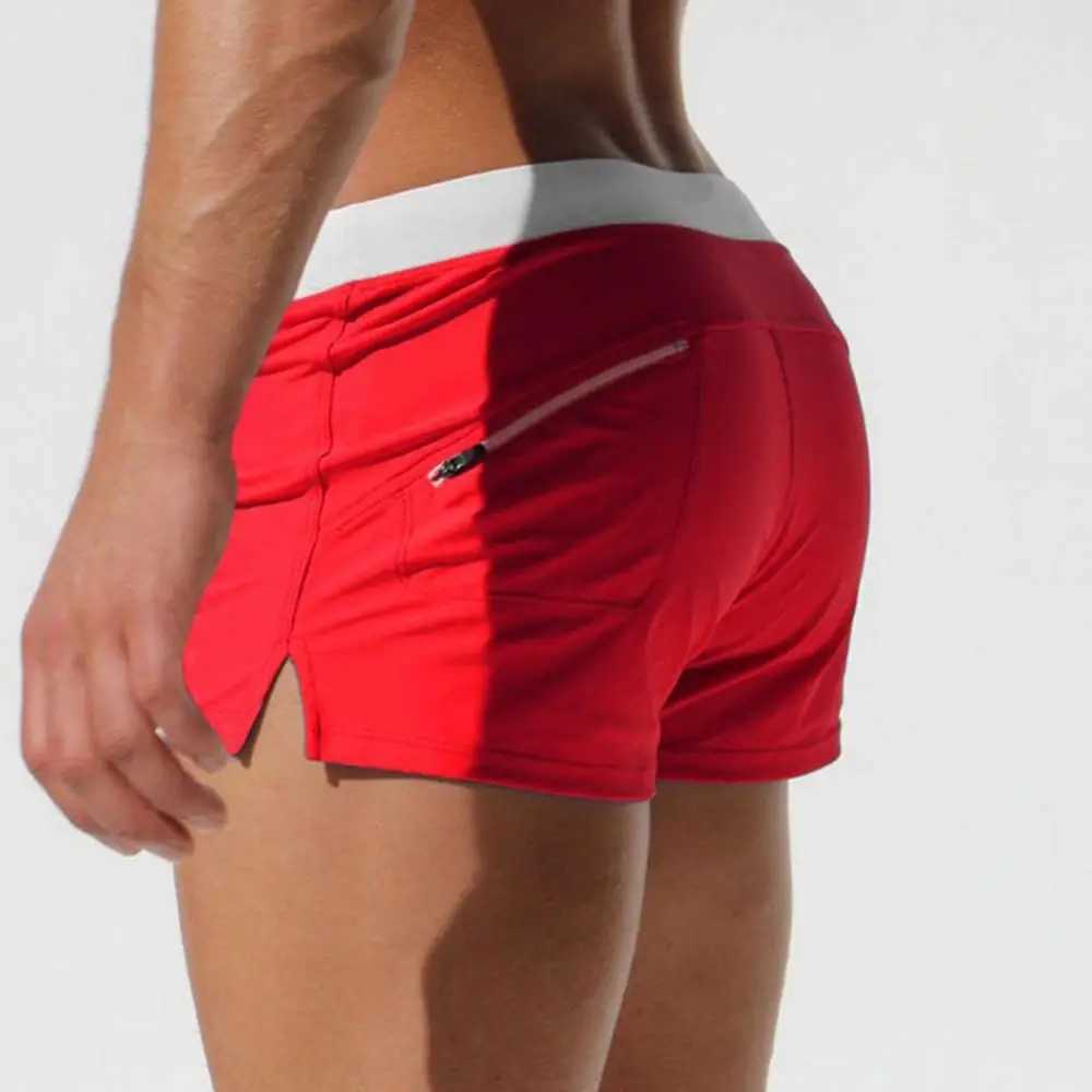 Sexy tight bright red block zipper pocket drawer mens underwear beach swimsuit shorts swim trunks M250218