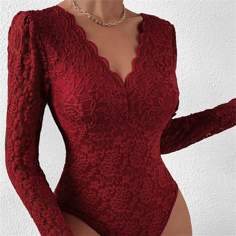 Women Jumpsuits 2025 Hot Selling Sexy Solid Color Lace Long Sleeved Spicy Girl Perspective Slim Fit Rompers