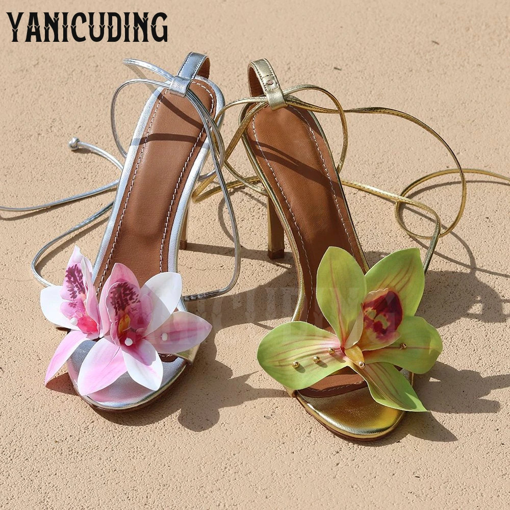 Floral Collection Sandals Multicolor Silk Flowers Beach Vacation Sandals Fashion Style Custom Ankle Strap Stiletto Women Sandals 250214