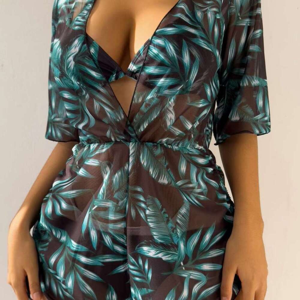 European and American Three piece Bikini Leaf Printed Waist Strap Long Sleeve Beach Anti roll Swimsuit 2025 New Casual Fashion Trendy Clothing