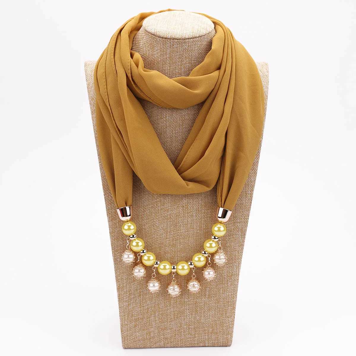 Womens Chiffon Neckerchief Hijabs Scarf Necklaces Beads Pearls Solid Color Jewelry Shl Pendant Scarves Bohemia Head Scarf W250218