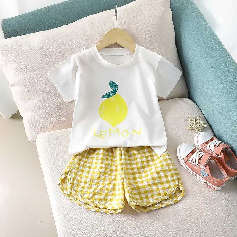 Fruit T-shirt Plaid Shorts Girls 2pc/set Summer Childrens Clothes Cotton Kids Short Sleeved Suit Fashion Baby Clothing 1-6Y W250218