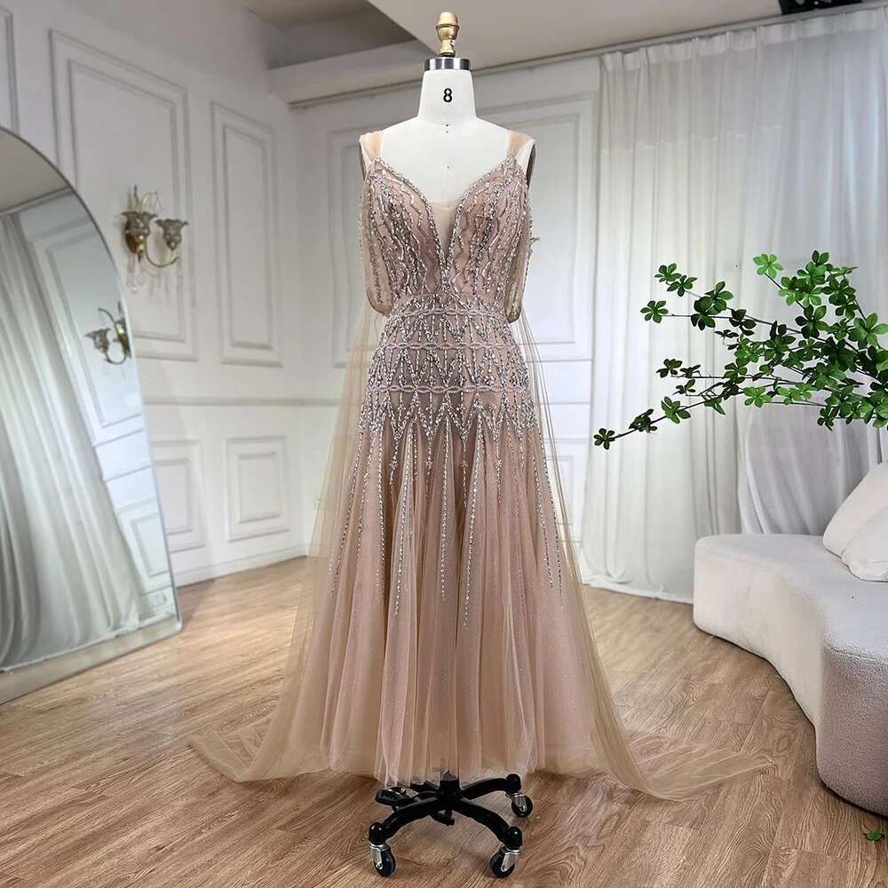 Nude Arabic A E Sexy Midi Straps Cape Sleeves Beaded Evening Dresses Gowns For Women Prom dresses Party