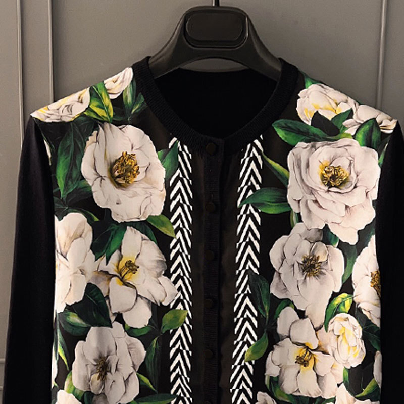 Women's Floral Print Silk Cardigan Fashion Long Sleeve Round Neck Single Breasted Slim Fit Elegant Classic Spring Vacation Style Luxury Designer 