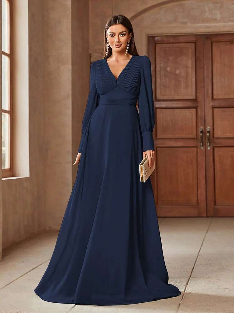 TOLEEN 2024 New Spring Summer Elegant Formal Party Evening Clothing Women's Simple V-Neck Solid Color Long Sleeve Dresses