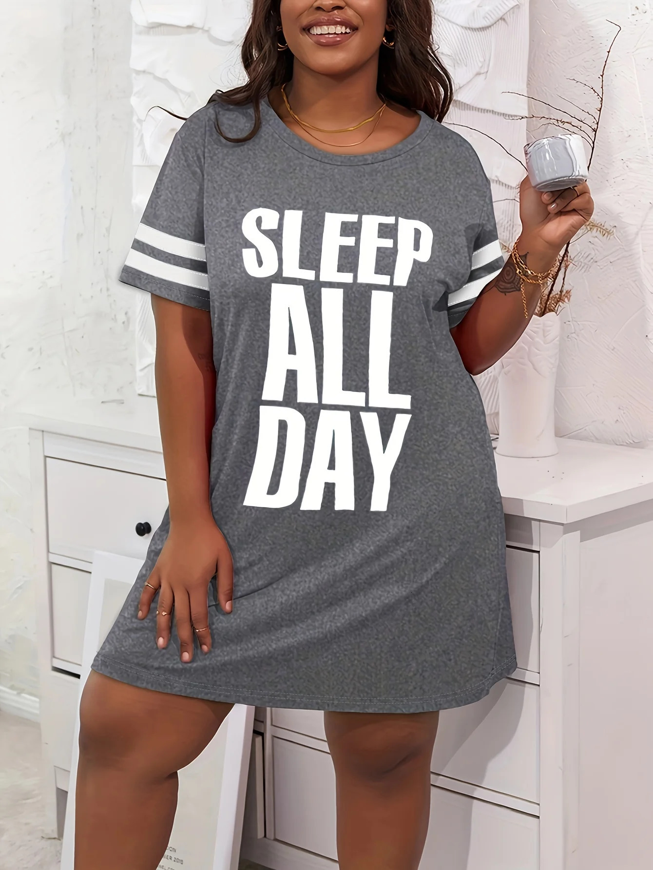 Sleep All Day Printed Womens Nightgowns High Stretch Comfortable Pajamas Summer Home Dress Plus Size Halter 250214