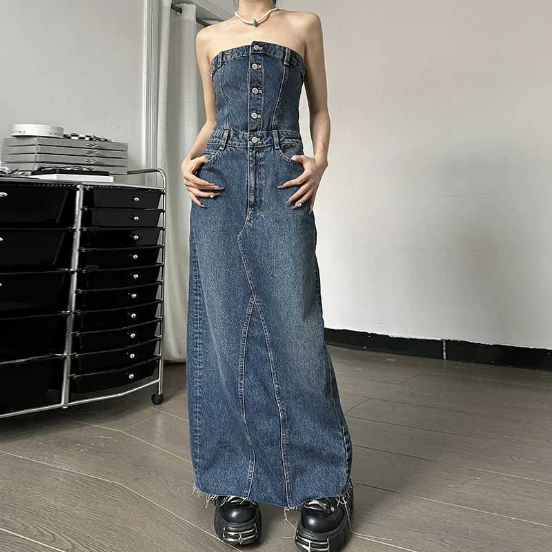 Basic Casual Dresses Lygens Denim Strapless Buttons Stretchy Slim Slit Long Dress Casual Fashion Strtwear Summer Vacation Daily Party Women Clothes H2