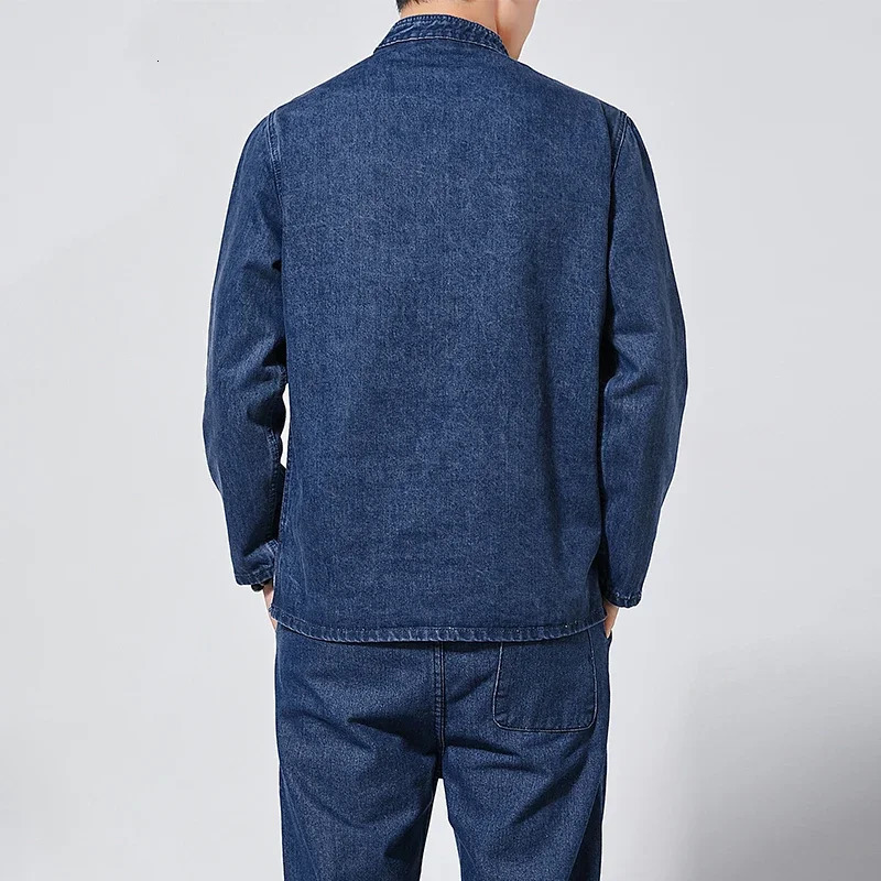 Autumn Men Chinese Style Tang Suit Washed Denim Top Stand Collar Jacket Casual Cotton Coat 250214