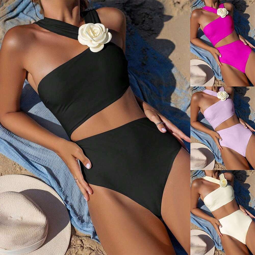 2025 Hot Selling One-piece Bikini Sloping Shoulder 3D Three-dimensional White Floral Swimsuit for Women Luxury Swimsuit Beach Wear Thong Bikinis New A