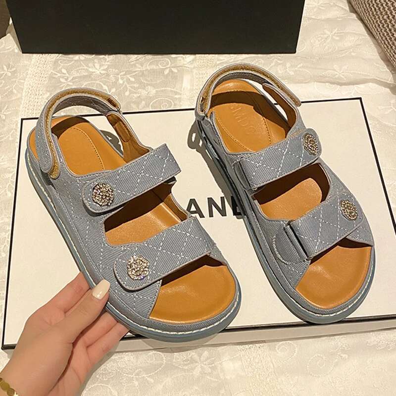 Camellia Buckle Denim Sandals Women Double Band Flat Jeans Sandalias Brand Plaid Sandales Back Hook&Loop Summer Shoes Woman 2025