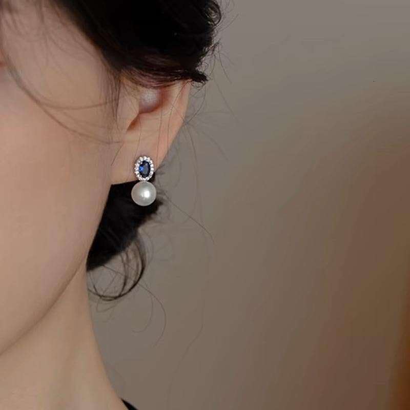 Tiqi S pure sier French freshwater pearl with women's palace style and blue zirconium inlay, niche high-end earrings