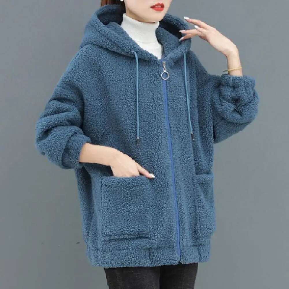 Women Autumn Winter Hooded Drawstring Coat Long Sleeve Pockets Zipper Placket Thick Plush Cardigan Outwear Streetwear