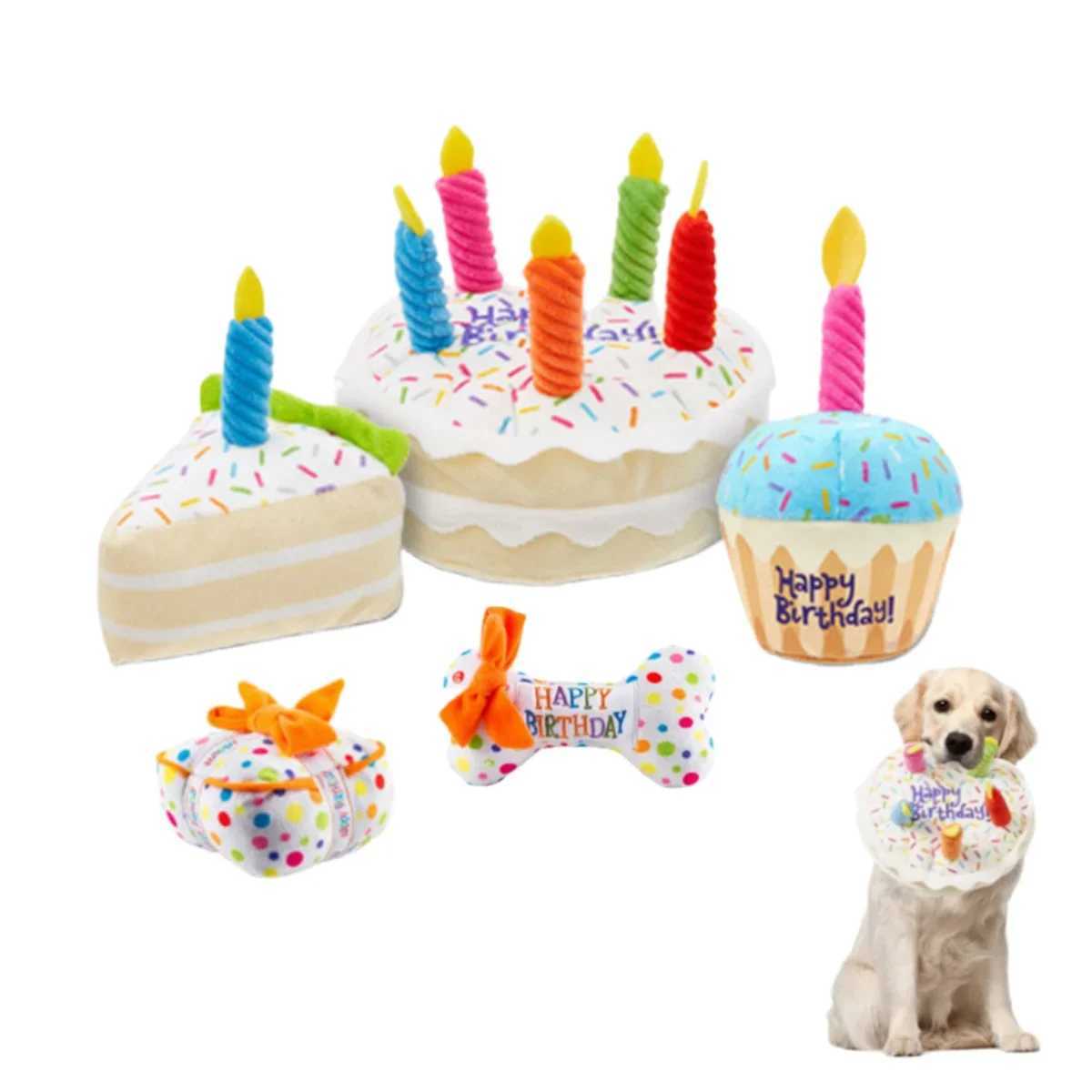 Others Dog Toys Chews Dog Birthday Cake Toy Soft Plush Squeaky with Colorful Candles Durable Funny Stuffed Chew for Large Breeds Birthday Gift scarf H