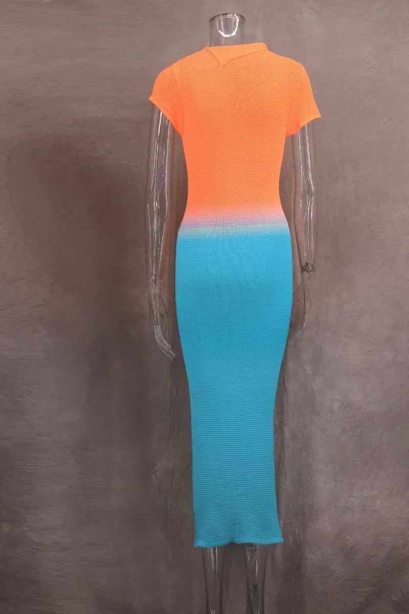 Basic Casual Dresses Orange Blue Gradient Hollow Out Bodycon Maxi Dress Women Sexy O-neck Short Slve Tassel Knitted Long Robe Strtwear Outfits H25217