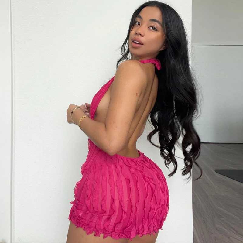Basic Casual Dresses Lygens Mesh Halter Dp V Backless Ruffles Beachwear WomenS Dresses Y2K Party Casual Dresses Vacation Clothes Women Wholesale H2521