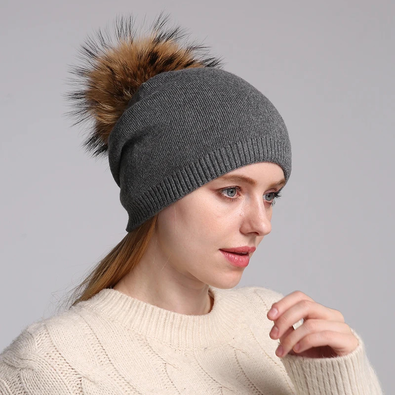 Autumn Winter Warm Knitted Hat Women Wool Skullies Beanies Casual Female Cashmere Beanie Cap Real Raccoon Fur Pompom Hat250214