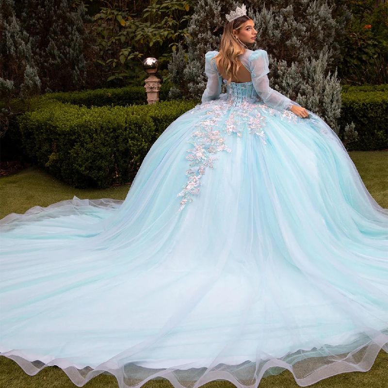 Water Blue Shiny Quinceanera Dresses Ball Gown Off The Shoulder Applique Lace Beads Corset Tull Party Birthday Swee 16 Dress Vestido 15 De Anos