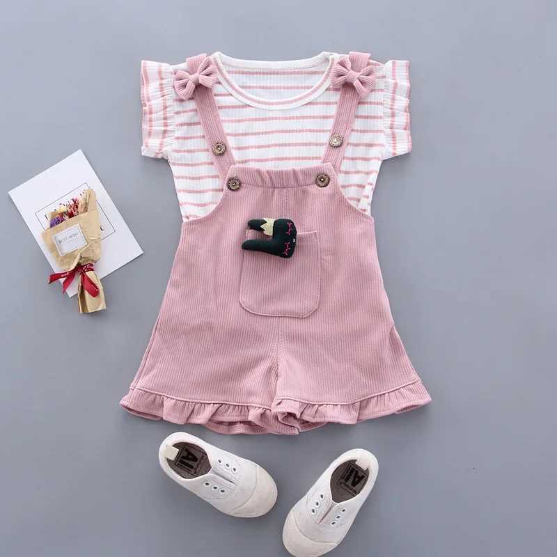 Summer Children Clothing Baby Cute Girls Casual T-Shirts Bib Shorts 2Pcs/Set Toddler Fashion Cotton Infant Clothes Suit W250218