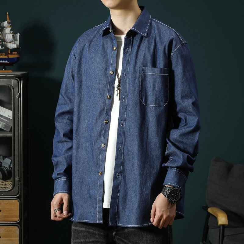 Spring And Autumn Mens Denim Loose Solid Color Big Yards Retro Jacket SingleBreasted LongSleeved Workwear Shirt 250214