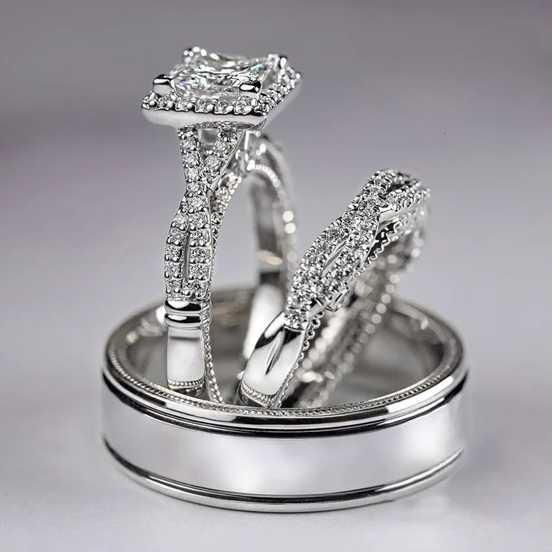 14K Gold Vintage 3-in-1 Promise Ring Set Lab Diamond Engagement Wedding Band Rings for Women Men Party Jewelry 250214