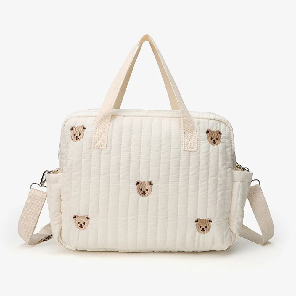Cute Bear Flower Embroidery Pattern Baby Beige Cotton Fabric Zipper Diaper Handbag Luggage Bag 250218